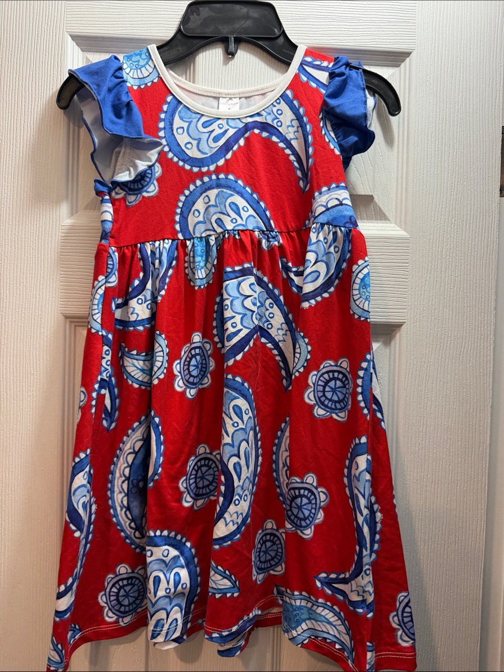 Girls Red & Blue Paisley Ruffle-Sleeve Tank Dress